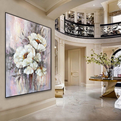 Large White Flower Painting Wildflower Oil Painting Modern Botanical Art Dining Room Decor Luxury Oversize Painting Extra Large Abstract Art