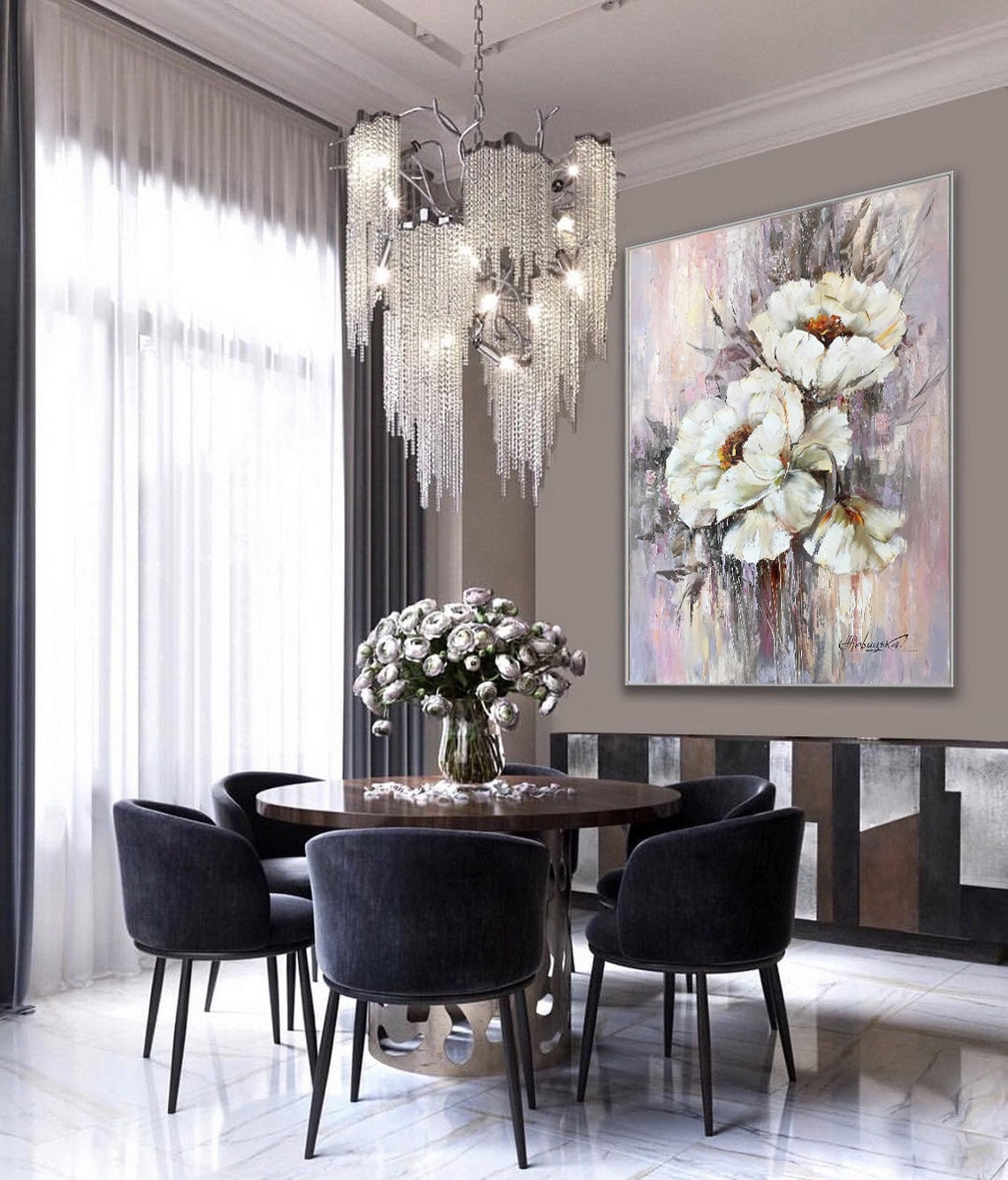 Large White Flower Painting Wildflower Oil Painting Modern Botanical Art Dining Room Decor Luxury Oversize Painting Extra Large Abstract Art