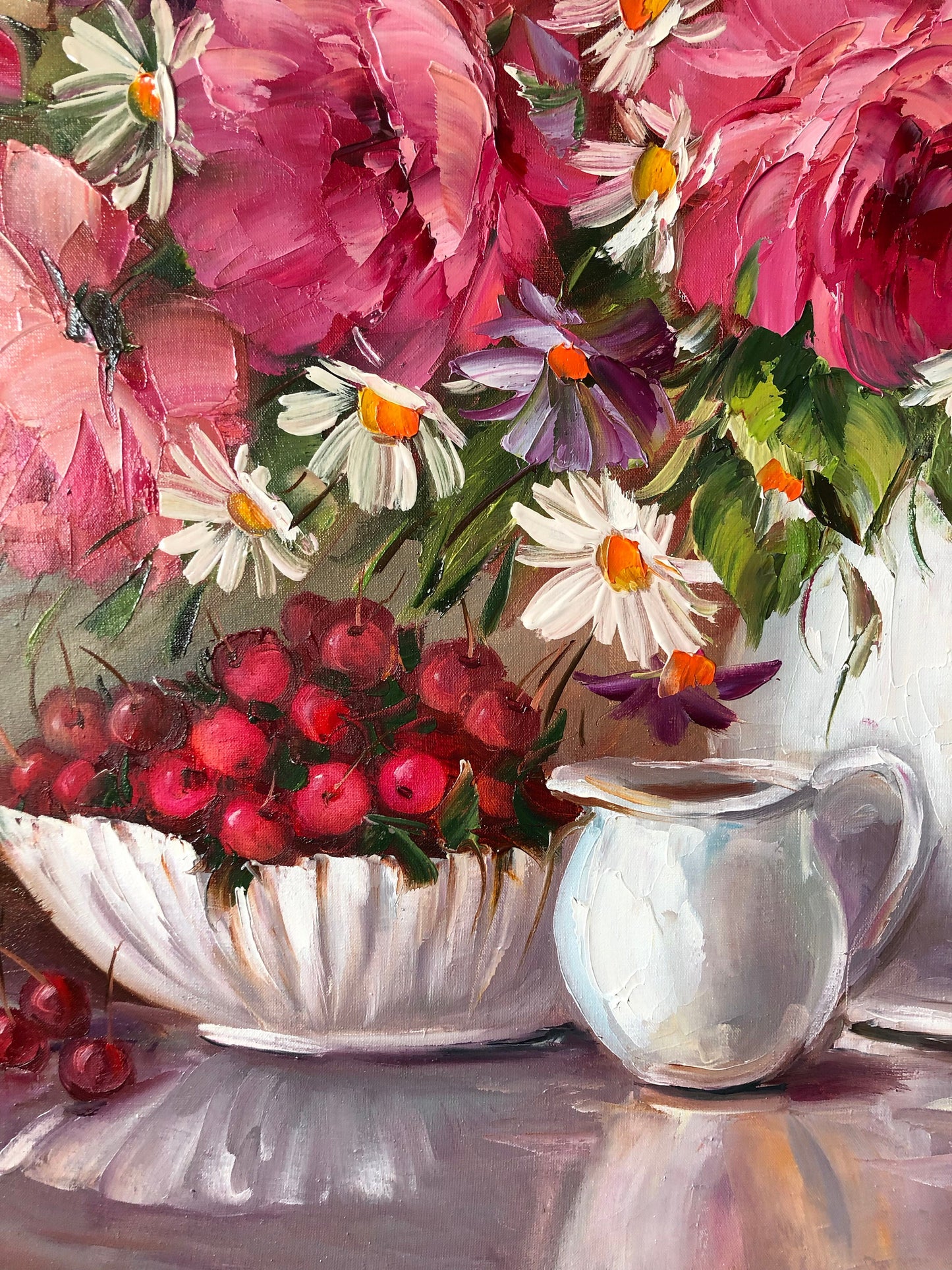 Peony still life painting Floral artwork Berries painting Anniversary gift for her Classical still life dish Pink bouquet painting on canvas