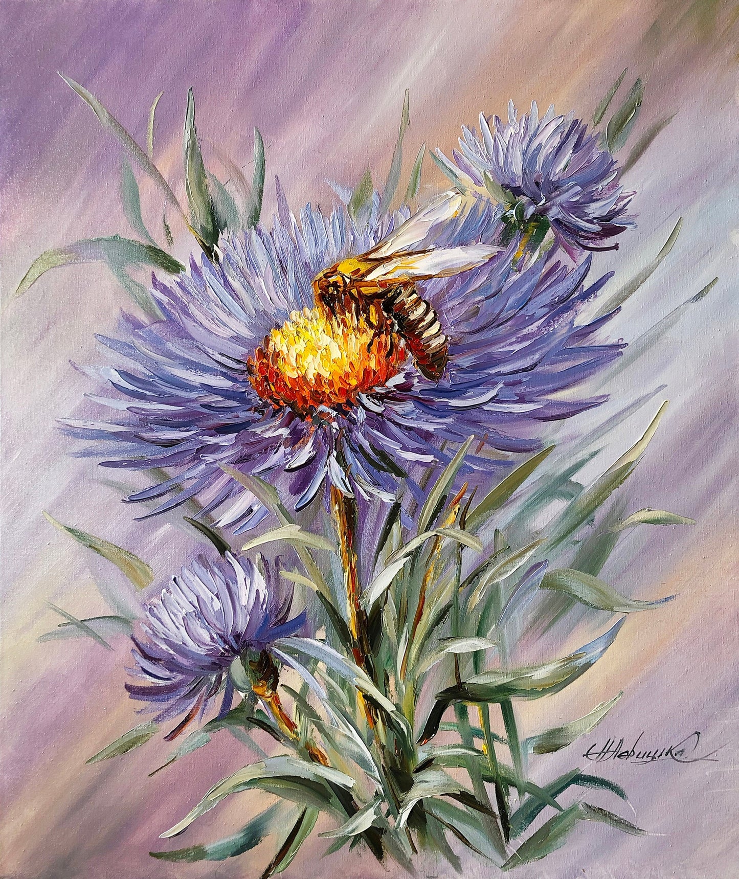 Purple Flower Oil Painting Original Abstract Floral Wall art Large Flower Painting on Canvas Honey Bee Painting Summer Flower Artwork