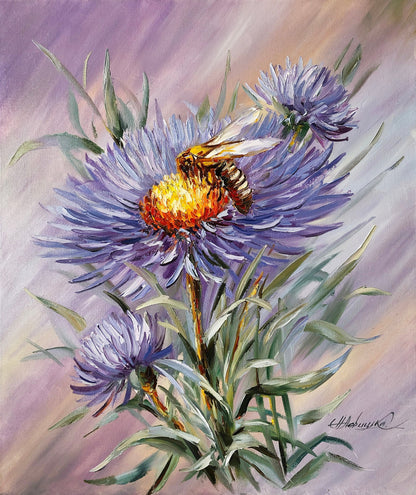 Purple Flower Oil Painting Original Abstract Floral Wall art Large Flower Painting on Canvas Honey Bee Painting Summer Flower Artwork