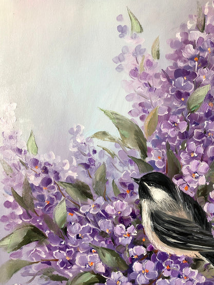 Bird Oil Painting Original Flycatcher Bird and Flower Painting on Canvas Purple Blossom Flowers Wall Art Custom Bird in Tree Painting Gift