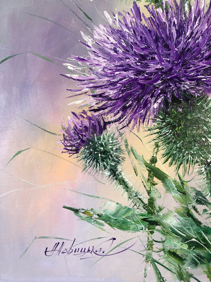 Thistle oil painting Original floral art Botanical painting Wildflower art Plant artwork Thistle wall art Purple flowers painting on canvas