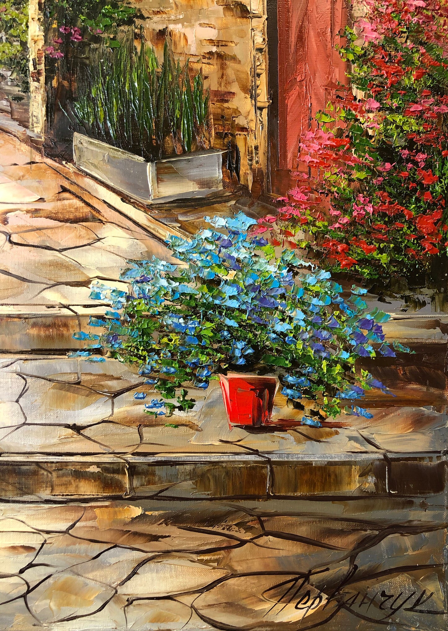 Italian Street Oil Painting | Original Mediterranean Villa Wall Art | Tuscany Italy Painting on Canvas | Large Italian Garden Artwork