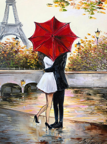 Couple Kissing Under Red Umbrella Painting Romantic Wall Art for Bedroom Lovers Painting Romance Artwork Paris Scenery Autumn Oil Painting