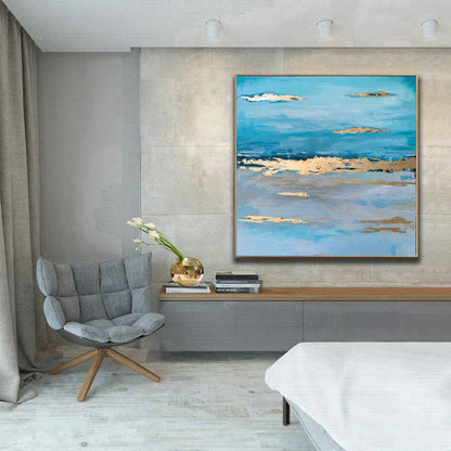 Gold Leaf Painting on Canvas Gold Foil Wall Art Ocean Sunset Artwork Paintings for Sale Original Art Work Abstract Blue 40x40 Canvas Art