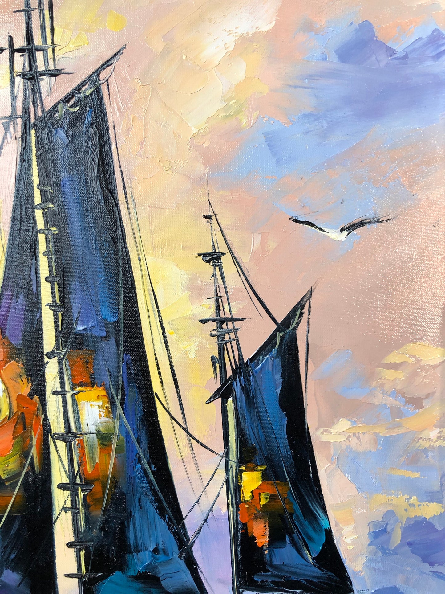 Abstract Sail Boat Oil Painting Original Sailboat Modern Art Large Wall Art Painting Sailboat in the Ocean Oil Painting Ship at Sunset Art