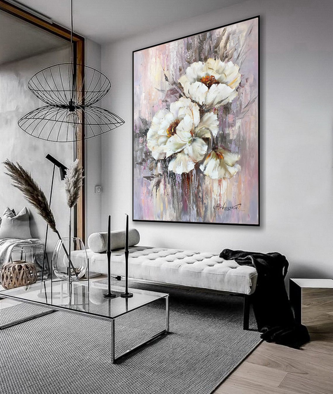 Large White Flower Painting Wildflower Oil Painting Modern Botanical Art Dining Room Decor Luxury Oversize Painting Extra Large Abstract Art