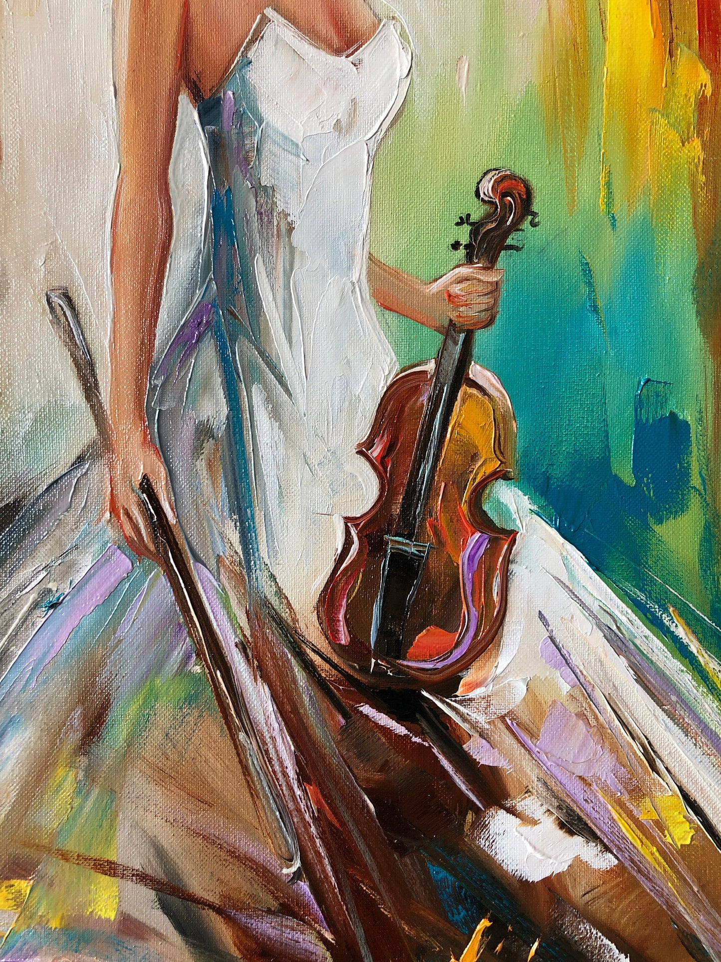 Pretty Woman Oil Painting Original Abstract Music Wall Art Luxury Gift for Woman Girl in Dress Painting Canvas Violin Wall Decor Music Art