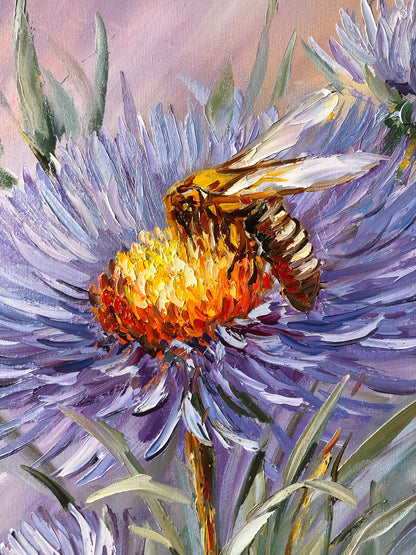 Purple Flower Oil Painting Original Abstract Floral Wall art Large Flower Painting on Canvas Honey Bee Painting Summer Flower Artwork