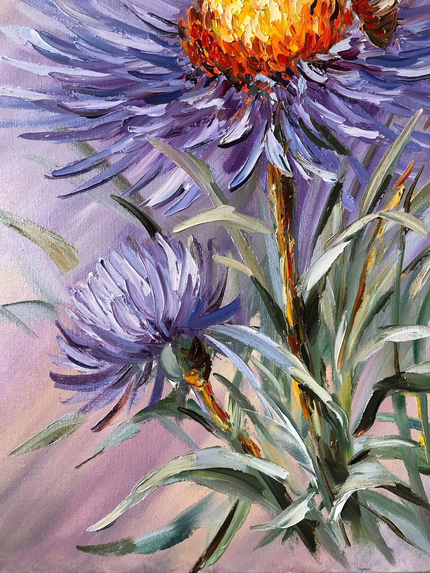 Purple Flower Oil Painting Original Abstract Floral Wall art Large Flower Painting on Canvas Honey Bee Painting Summer Flower Artwork