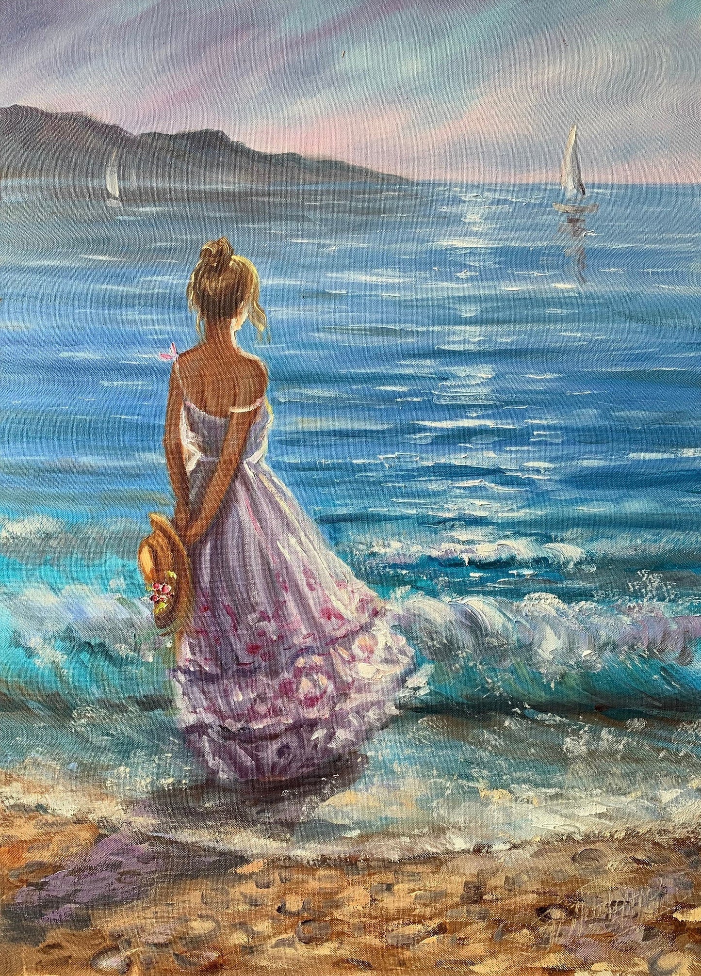 Beach Girl Oil Painting Woman By The Ocean Wall Art Romantic Gift for Her Blue Sea Painting California Beach Wall Art Seashore Art Decor