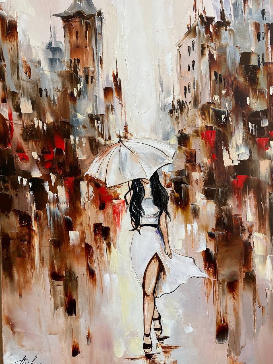 Abstract Girl with Umbrella Painting on Canvas Rainy City Abstract Oil Painting Original Woman Holding Umbrella Wall Art Rainy Day Painting