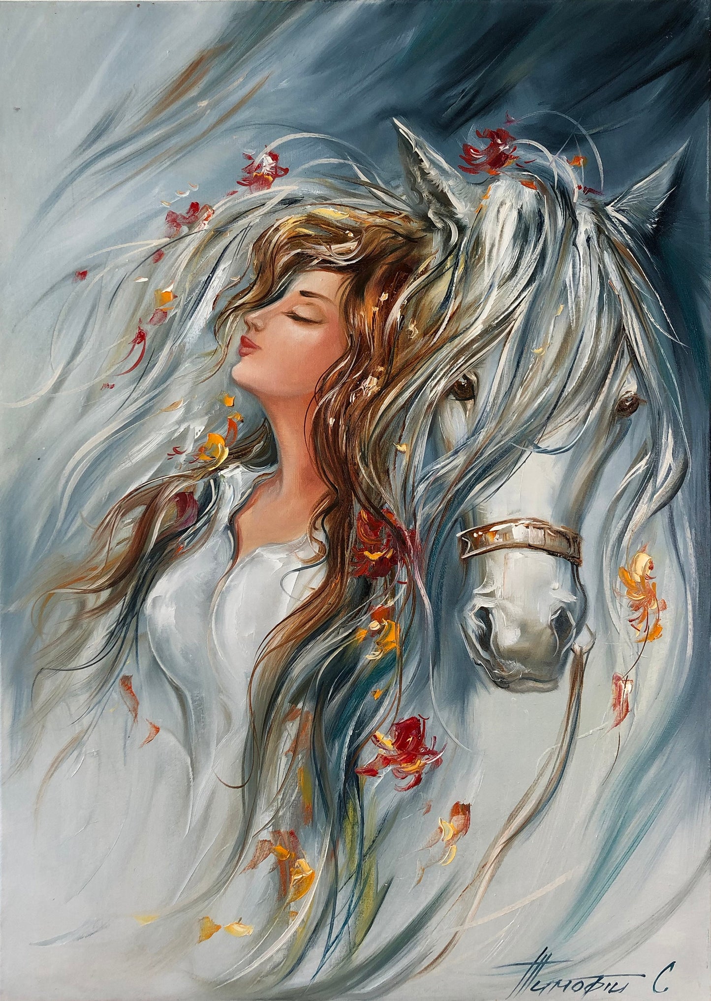 Girl and Horse Painting, Wild Horse Wall Art, Animal Painting on Canvas, White Horse Art, Women Gift, Original Woman with Horse Oil Painting