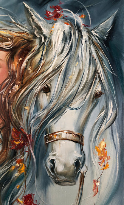 Girl and Horse Painting, Wild Horse Wall Art, Animal Painting on Canvas, White Horse Art, Women Gift, Original Woman with Horse Oil Painting