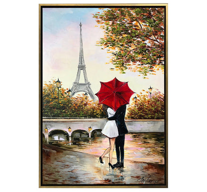 Couple Kissing Under Red Umbrella Painting Romantic Wall Art for Bedroom Lovers Painting Romance Artwork Paris Scenery Autumn Oil Painting