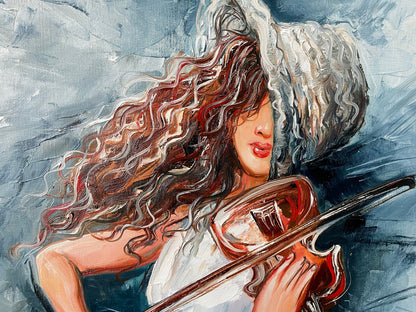 Girl Playing Violin Oil Painting Original Woman in Hat Canvas Wall Art Abstract Violin Art Music Painting Modern Living Room Wall Decor