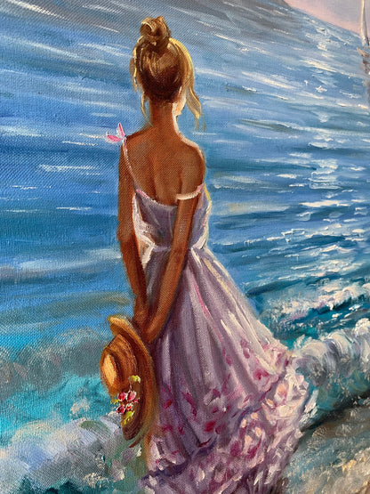 Beach Girl Oil Painting Woman By The Ocean Wall Art Romantic Gift for Her Blue Sea Painting California Beach Wall Art Seashore Art Decor