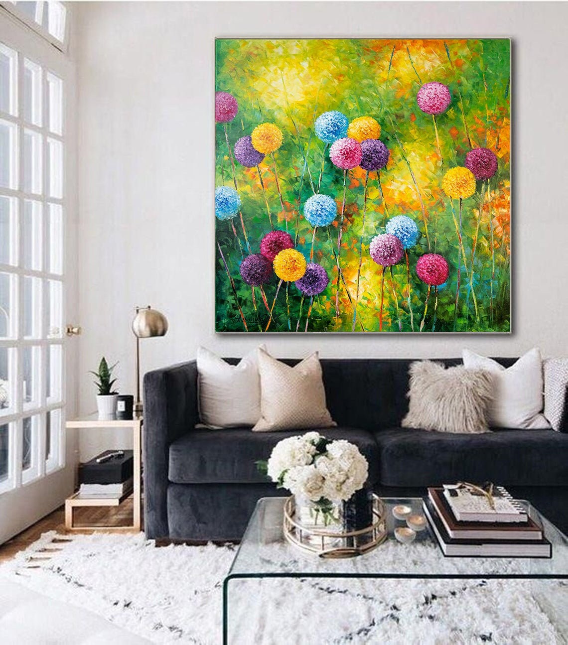 Dandelion Flowers Oil Painting Extra Large Wall Art Wildflowers Painting Master Bedroom Decor Grass Painting Field of Flowers Big Painting