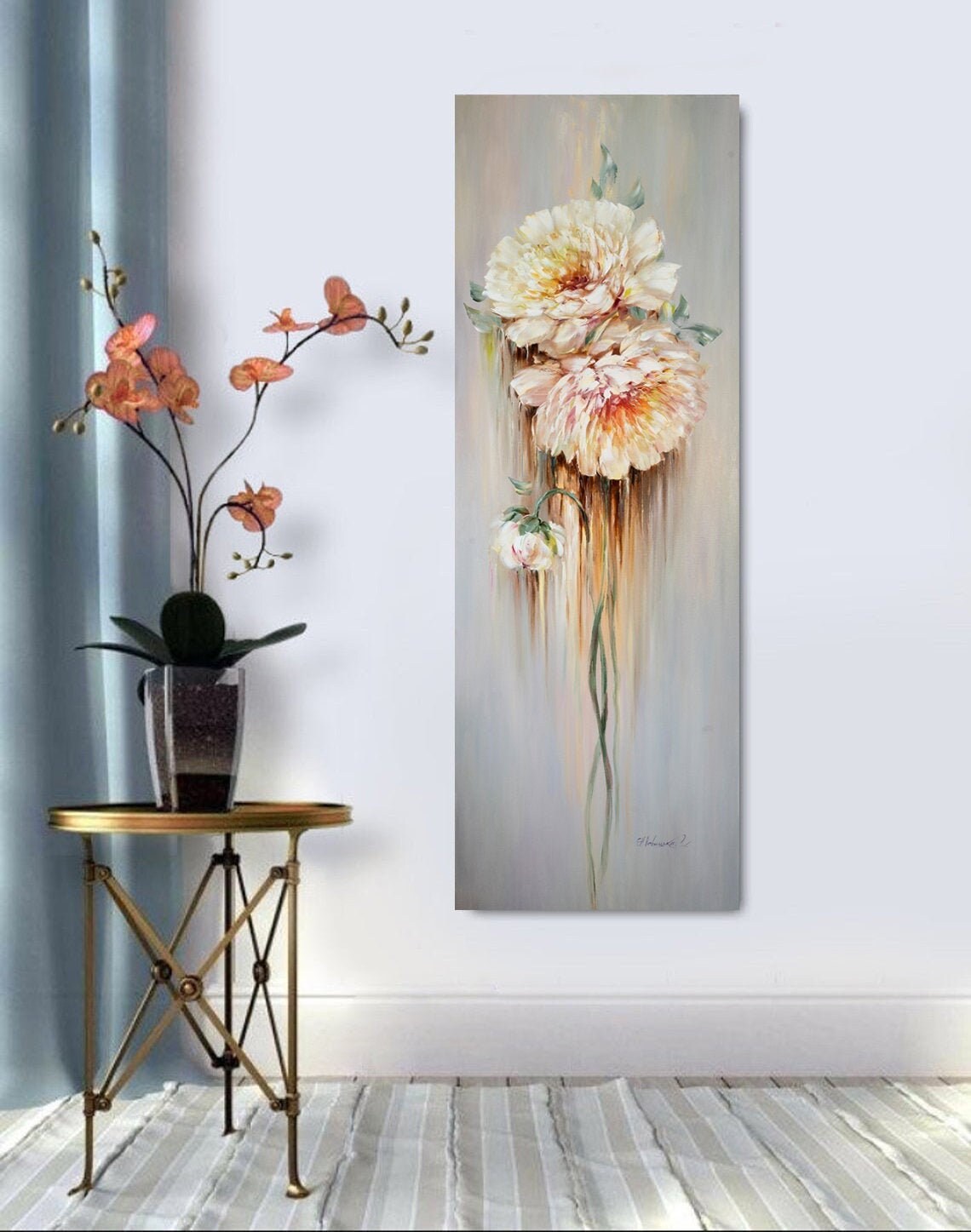 Tiny Canvas Oil Painting Original Long Narrow Wall Art Peony Painting Tall Peonies Wall Art 20x60 Tiny Paintings Long Narrow Wall Decor