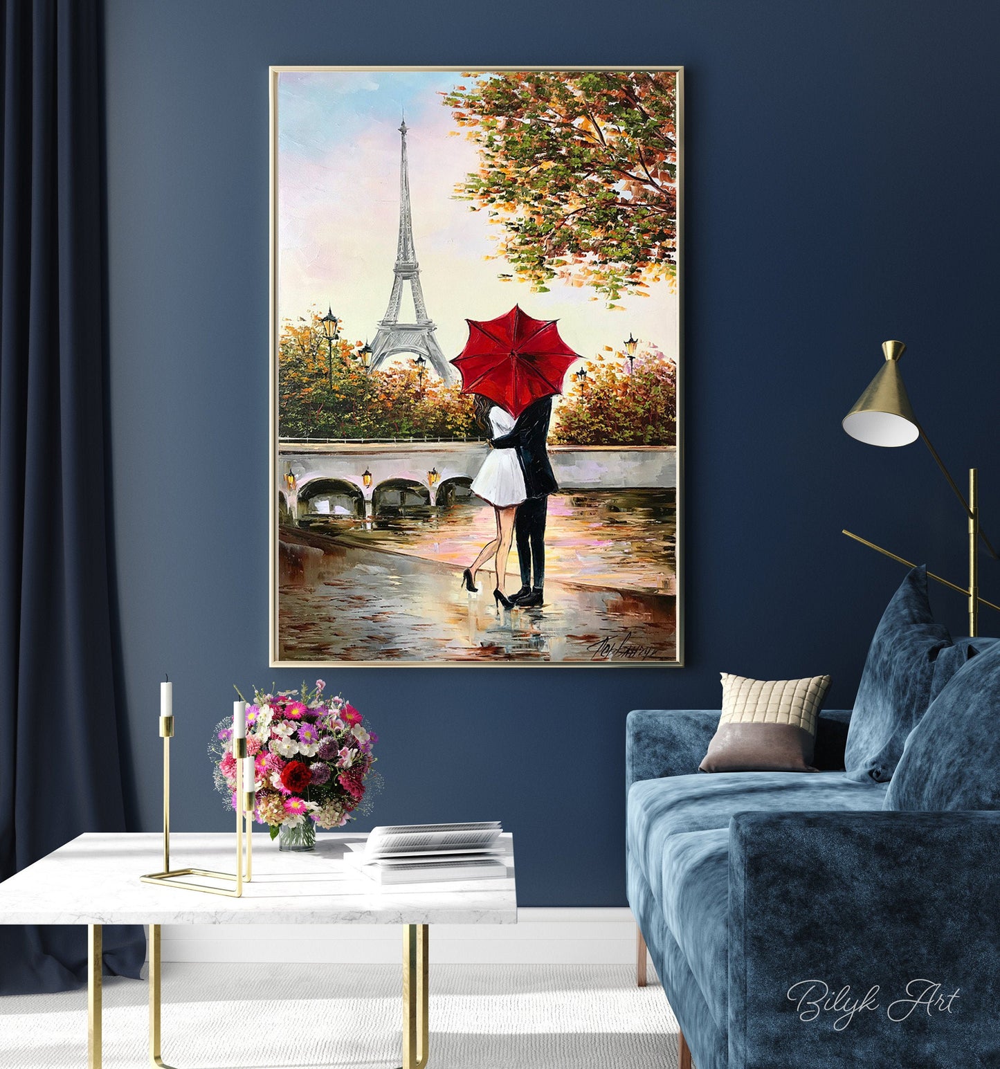 Couple Kissing Under Red Umbrella Painting Romantic Wall Art for Bedroom Lovers Painting Romance Artwork Paris Scenery Autumn Oil Painting