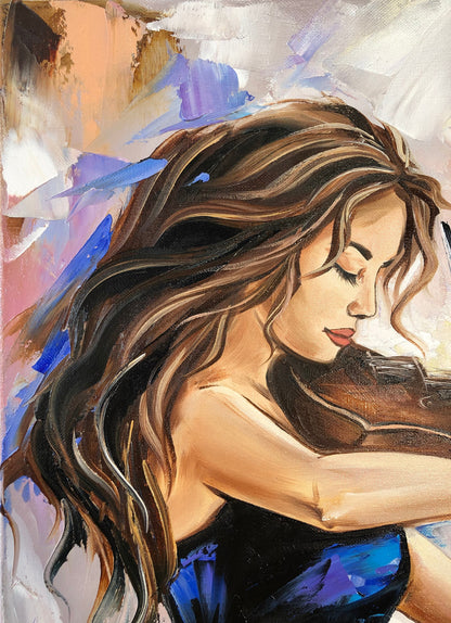 Abstract Girl with Violin Oil Painting Modern Woman Art Music Gifts for Her Royal Blue Painting 48x36 Elegant Wall Decor Contemporary Art