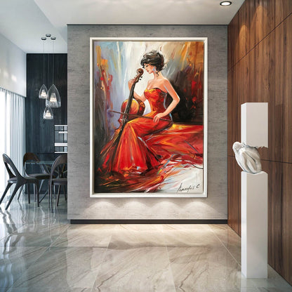 Cellist Oil Painting Original Girl Playing Cello Art Woman in Red Dress Painting Violinist Gifts Music Violin Artwork Musician Wall Art