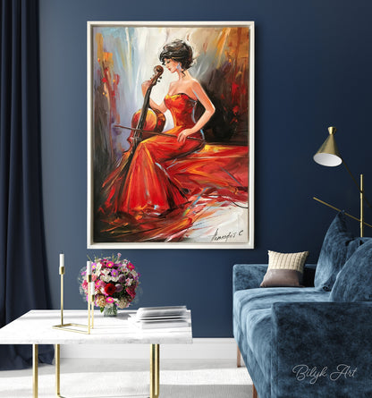 Cellist Oil Painting Original Girl Playing Cello Art Woman in Red Dress Painting Violinist Gifts Music Violin Artwork Musician Wall Art