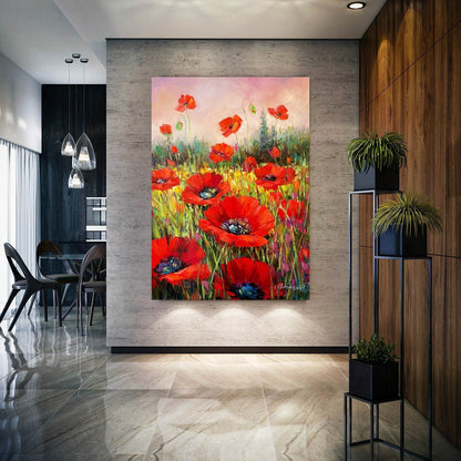 Red Poppies Painting Handpainted Wildflowers Field Wall Art Red Flower Painting on Canvas Poppy Filed Painting Original Floral Oil Artwork