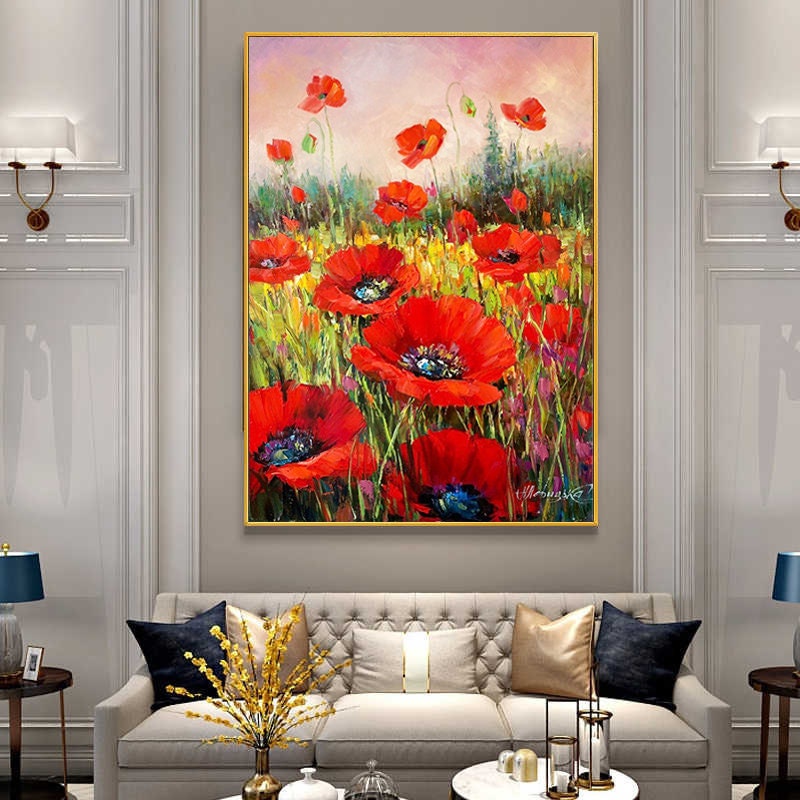 Red Poppies Painting Handpainted Wildflowers Field Wall Art Red Flower Painting on Canvas Poppy Filed Painting Original Floral Oil Artwork