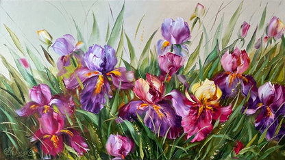 Large Horizontal Flower Oil Painting Original Flower Art Purple Iris Canvas Wall Art Green Floral Oil Painting Bearded Iris Flower Painting