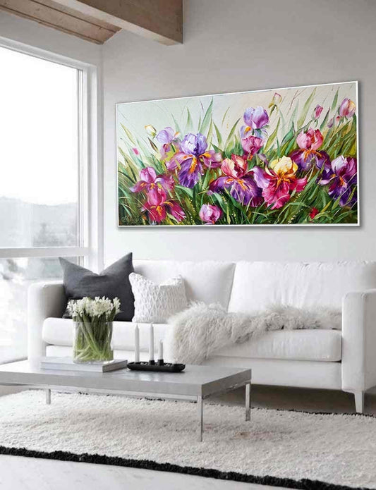 Large Horizontal Flower Oil Painting Original Flower Art Purple Iris Canvas Wall Art Green Floral Oil Painting Bearded Iris Flower Painting