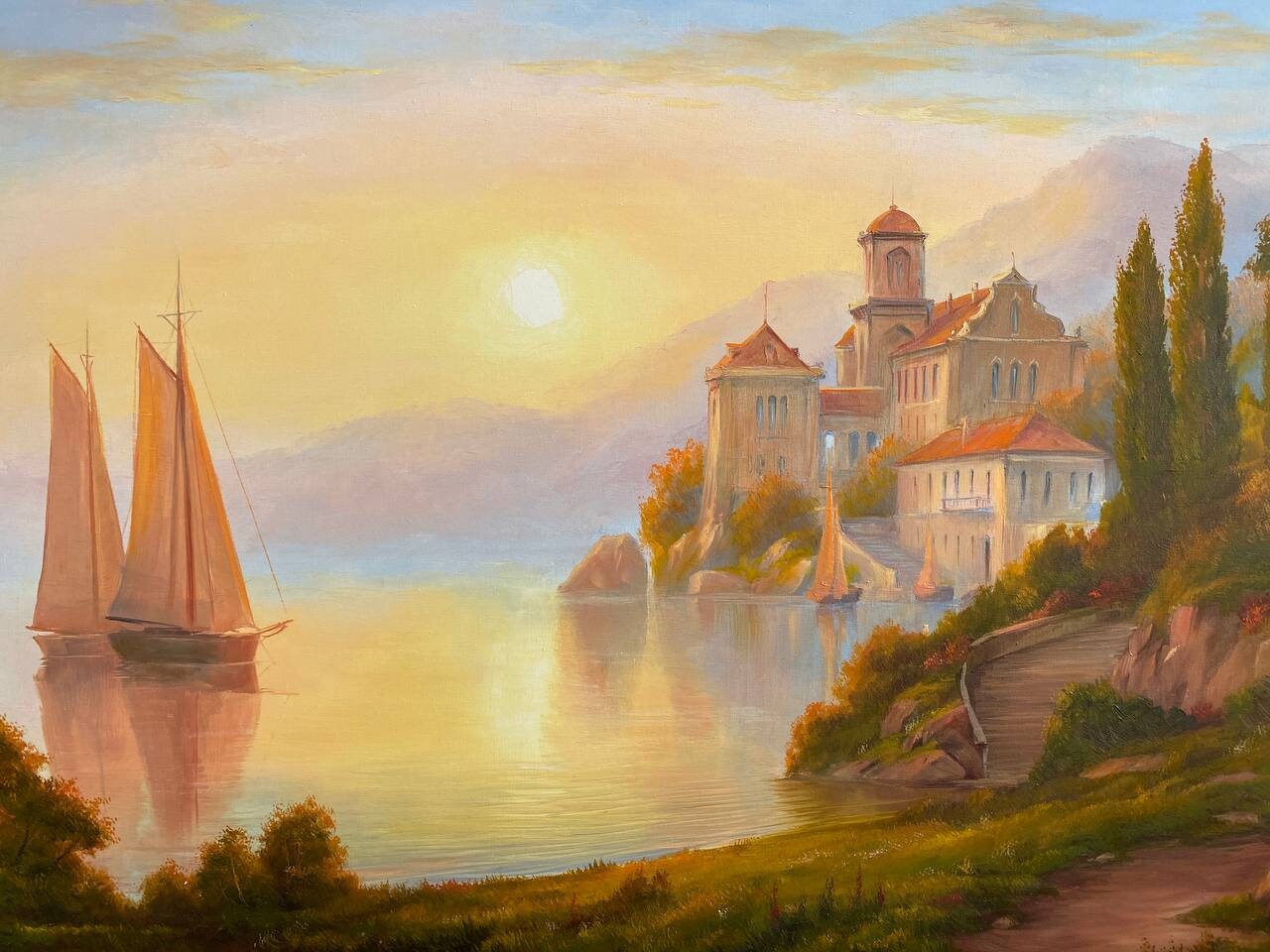 Lake Como Oil Painting Original Sunset Over Lake Wall Art Italy Landscape Oil Painting on Canvas Sunset Artwork Italy Coast Painting