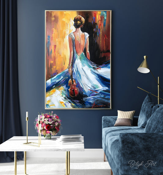 Elegant Woman Back Painting Silhouette Art with Background Violinist Gift Original Women Figure Oil Painting Modern Wall Art Music Gifts