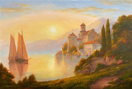 Lake Como Oil Painting Original Sunset Over Lake Wall Art Italy Landscape Oil Painting on Canvas Sunset Artwork Italy Coast Painting
