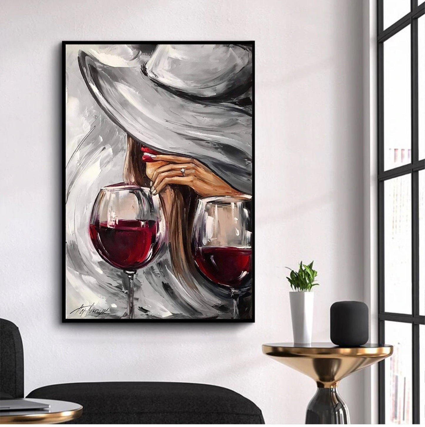 Wine Glasses Art Original Mysterious Woman Painting Red Lips Art Alcohol Painting Modern Room Decor Black Red Wall Art Wine Bar Art Decor