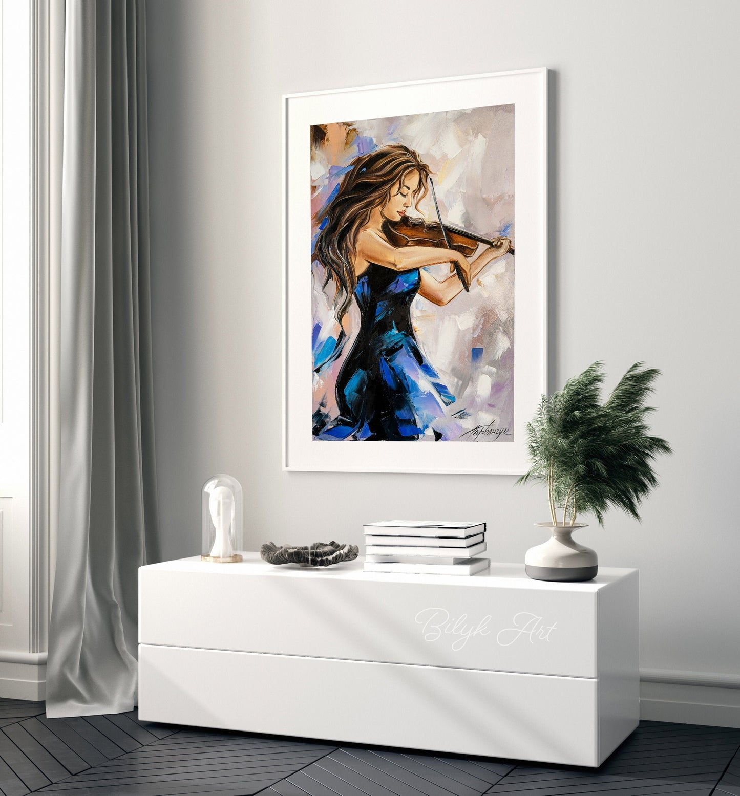 Abstract Girl with Violin Oil Painting Modern Woman Art Music Gifts for Her Royal Blue Painting 48x36 Elegant Wall Decor Contemporary Art