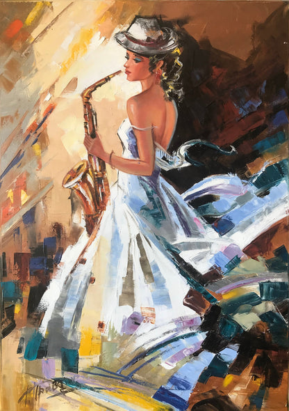 Elegant Woman Oil Painting Original Female Art Work Saxophonist Gifts Woman Playing Saxophone Canvas Painting Jazz Wall Art Saxophone Gifts