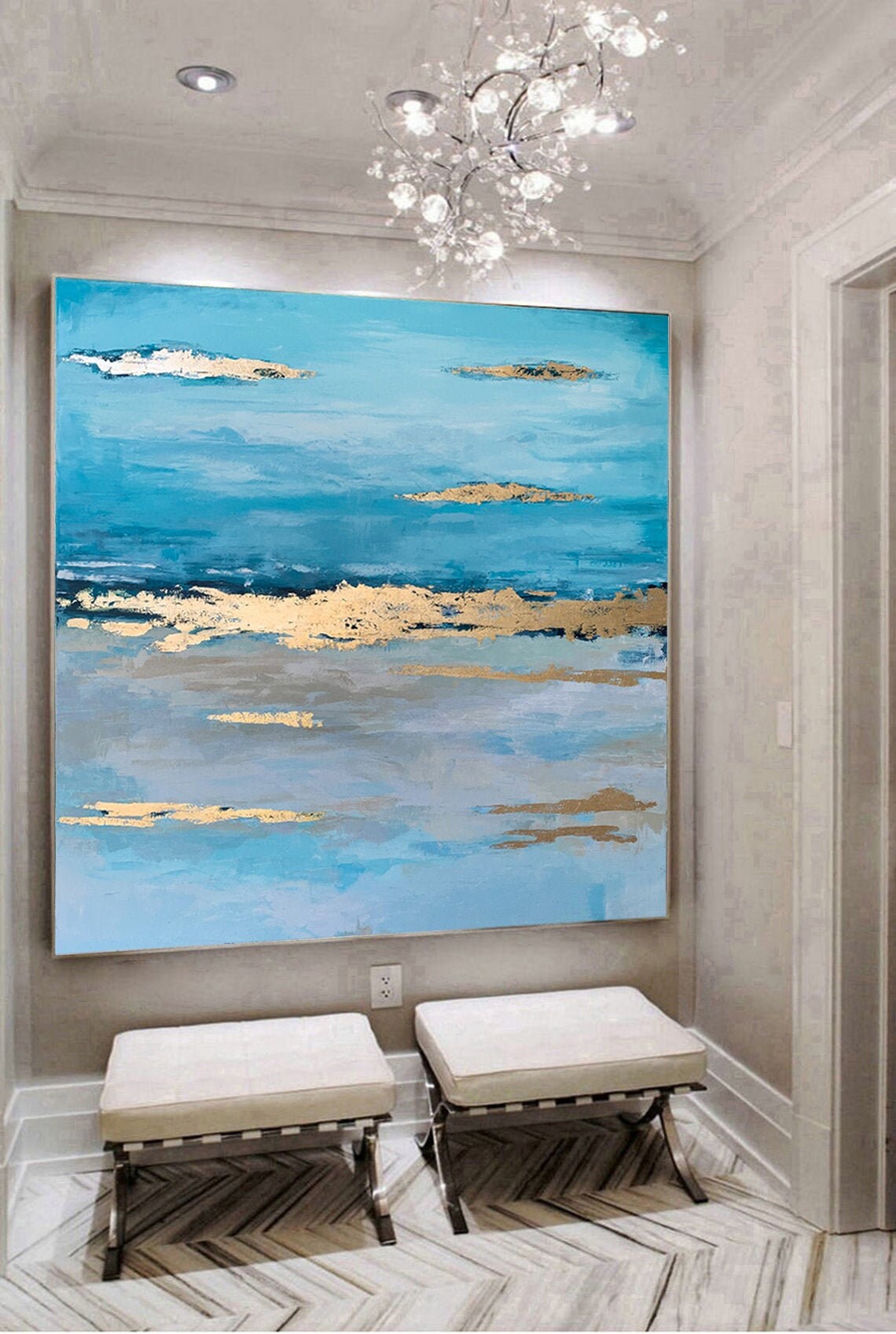 Gold Leaf Painting on Canvas Gold Foil Wall Art Ocean Sunset Artwork Paintings for Sale Original Art Work Abstract Blue 40x40 Canvas Art