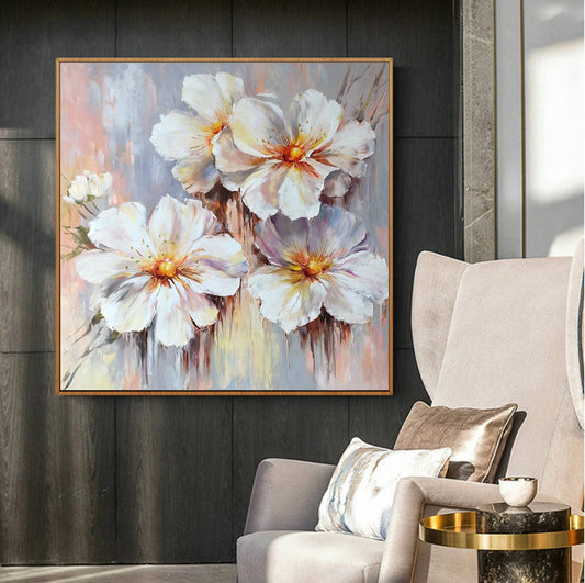 Abstract Flower Original Painting Extra Large Wall Art Luxury Artwork Modern Daisy Painting Contemporary White Gold XL Large Abstract Art