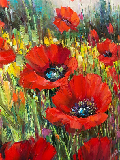 Red Poppies Painting Handpainted Wildflowers Field Wall Art Red Flower Painting on Canvas Poppy Filed Painting Original Floral Oil Artwork