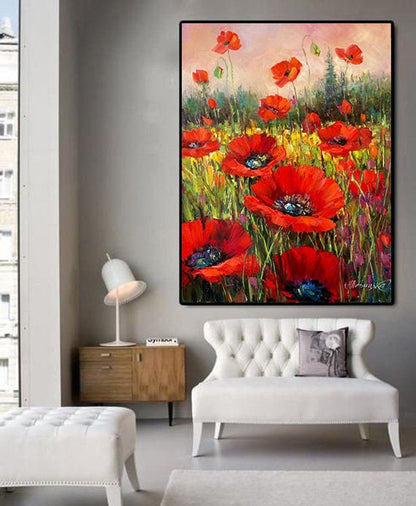 Red Poppies Painting Handpainted Wildflowers Field Wall Art Red Flower Painting on Canvas Poppy Filed Painting Original Floral Oil Artwork