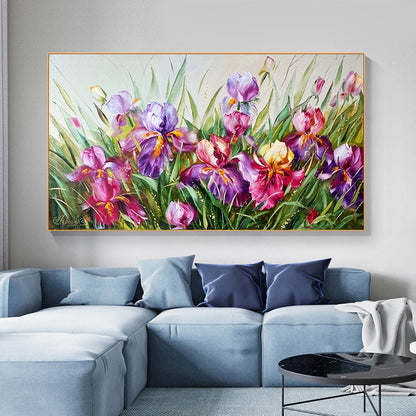 Large Horizontal Flower Oil Painting Original Flower Art Purple Iris Canvas Wall Art Green Floral Oil Painting Bearded Iris Flower Painting