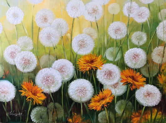 Large Dandelions Oil Painting Original Wildflower Framed Art Green Field of Dandelions Painting on Canvas Large Floral Meadow Wall Art Work