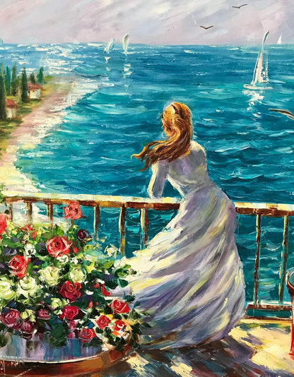 Woman by the Sea Oil Painting Dreaming Girl at Beach Art Scenery Art Canvas Gift For Her Birthday Italian Scene Artwork Blue Teal Wall Decor