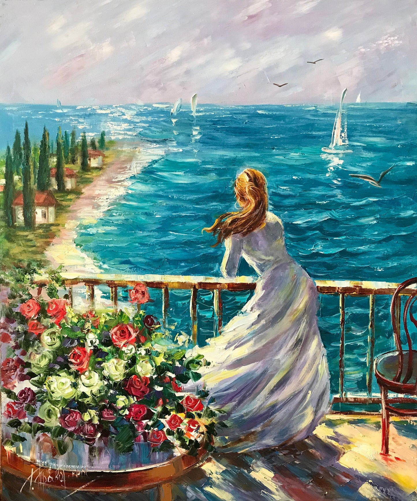 Woman by the Sea Oil Painting Dreaming Girl at Beach Art Scenery Art Canvas Gift For Her Birthday Italian Scene Artwork Blue Teal Wall Decor