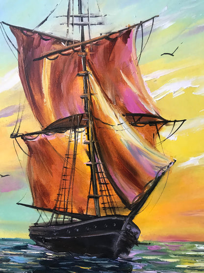 Tall Ship Painting, Original Signed Art, Ocean Sunset Painting, Sailing Decor, Mid-century Wall Art, Gift for Him, Seascape Oil Painting