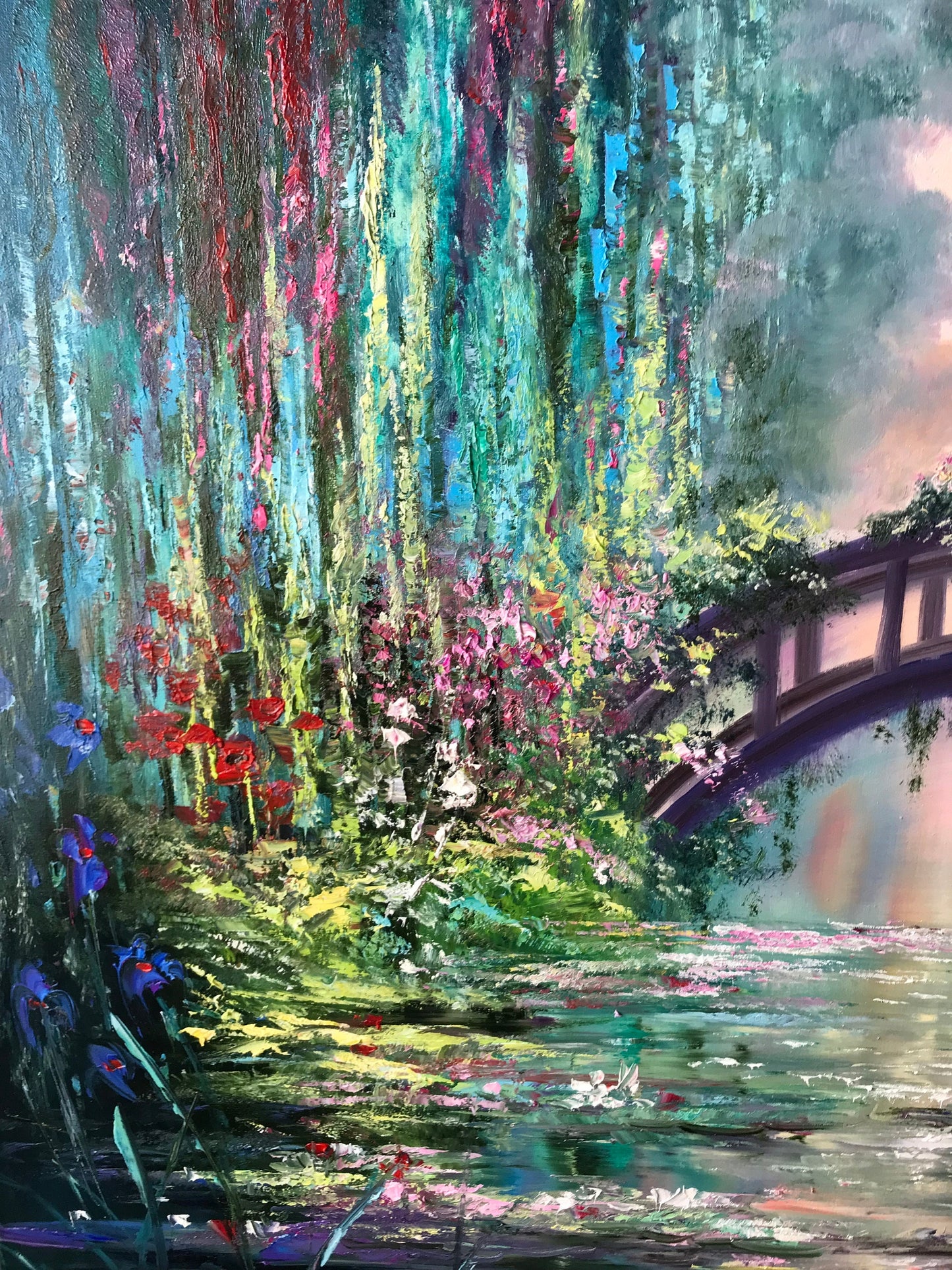 Claude Monet Water Lilies Oil Painting Impressionist Artist Blue and Green Nature Painting, Japanese Bridge Art, Water Lily Pond Artwork