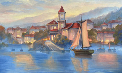 Italian Landscape Painting on Canvas Italian Village Oil Painting Original Italy Canvas Art Boat in Lake Painting Italian Coast Artwork