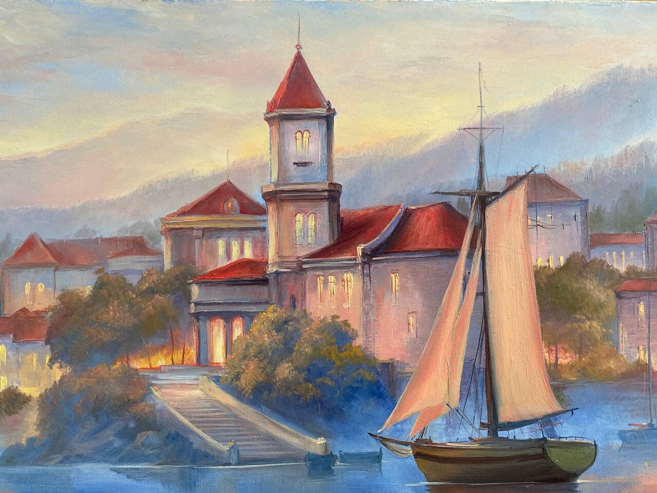 Italian Landscape Painting on Canvas Italian Village Oil Painting Original Italy Canvas Art Boat in Lake Painting Italian Coast Artwork